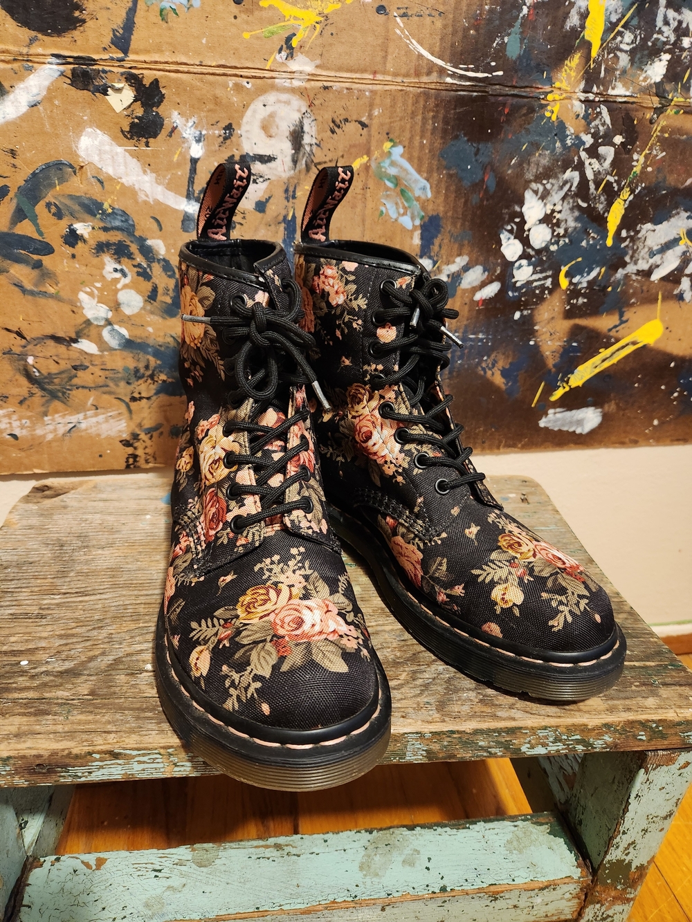 Doc Martins, Floral Lace-Up Combat Boots - Black Floral